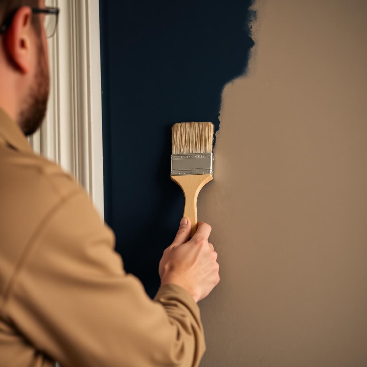 Craftsman applying finish to a deep navy wall