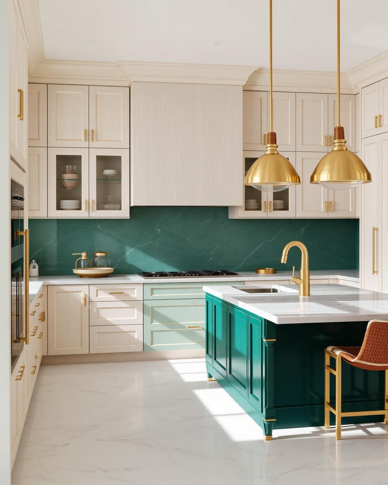 Luxury kitchen with emerald island and brass fixtures